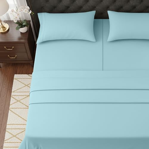 Image of Elegant Comfort Luxurious 1500 Premium Hotel Quality Microfiber Three Line Embroidered Softest 5-Piece Bed Sheet Set, Wrinkle and Fade Resistant, Split King, Aqua
