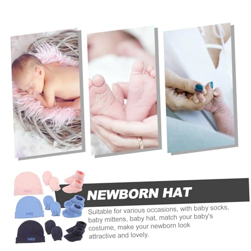 SECFOU 3 Sets Beanie Hats Mittens Socks for Boys Soft Skin Friendly in Pink Denim Navy Blue4