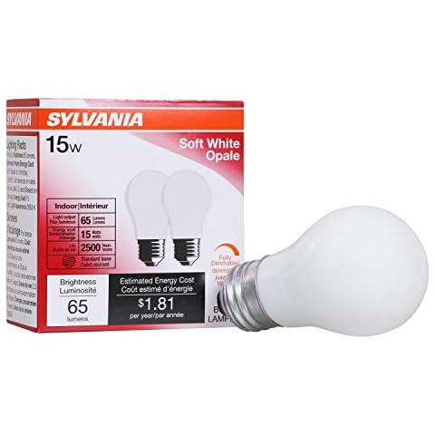 SYLVANIA Incandescent Appliance Light Bulb, 15W A15, Dimmable, Medium Base, 65 Lumens, Frosted, 2850K, Soft White - 2 Pack (10015) Cover