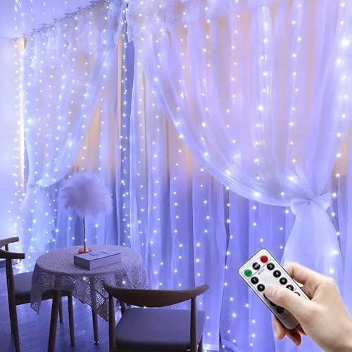 Image of 300 LED Warm White Fairy Curtain Lights - 3m USB Plug-in String Lights with Remote Control, 8 Modes for Indoor /Outdoor Use - Perfect for Bedroom, Weddings, Parties, and Holiday Decor (2, White)