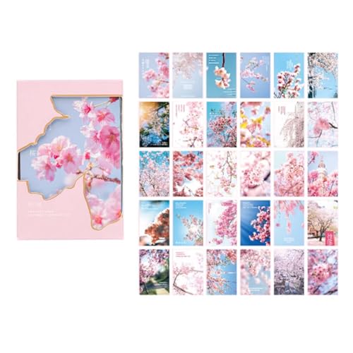TONGTONG Juego de 30 tarjetas postales japonesas de paisaje, tarjetas de felicitación literarias, tarjeta de mensaje de bendición, en caja (flores de cerezo), Año Nuevo