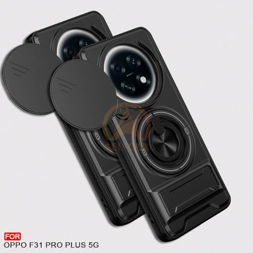 Image of Oppo F31 Pro Plus 5G Back Cover | Armor Camera Slider 360 Degree Rotating Finger Ring Holder Case with Bracket Stand Back Case Cover (Compatible with MagSafe Accessories) (Black)