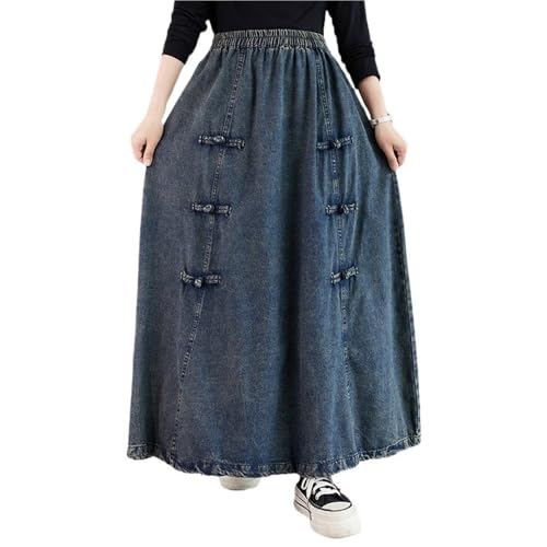 GHAKKE Falda Vaquera Vintage Estilo Chino Con Hebilla Para Mujer Falda Vaquera Maxi Holgada, Informal, De Cintura Alta Y Elástica, Con Vuelo Amplio(L)