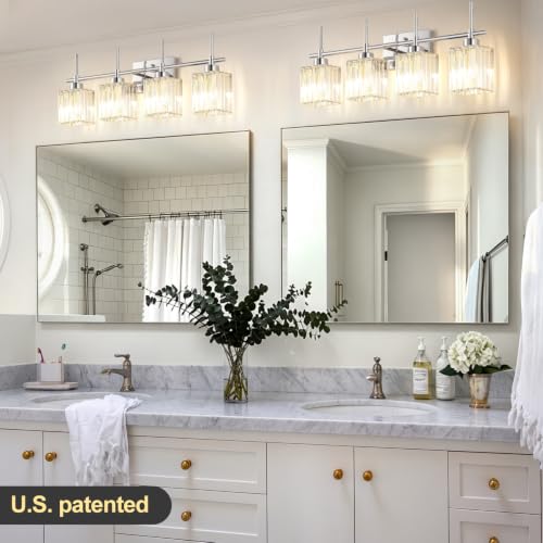 Image of Torondo Modern Crystal Bathroom Vanity Light 4-Lights Chrome Bathroom Light Fixtures Over Mirror Vanity Lighting Fixtures Gold Square Shade Wall Sconce (Bulbs Not Include)