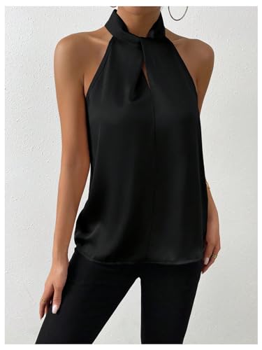 SweatyRocks Womens Elegant Twist Front Halter Sleeveless Satin Blouse Keyhole Back Tank Top3