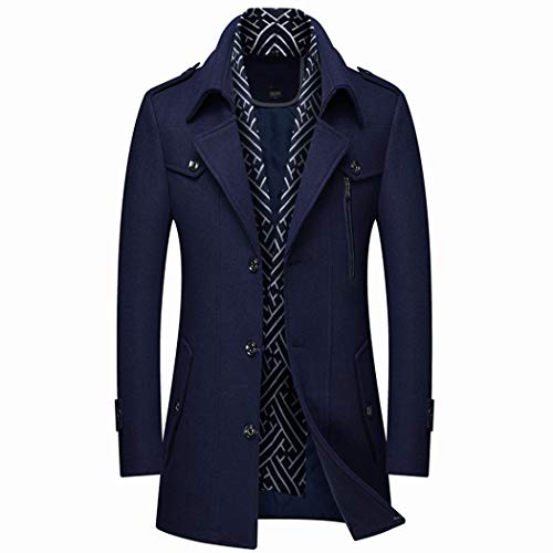 Men's Wool Blend Pea Coat Single Breasted Slim Fit Windproof Jacket for Winter Dark Navy