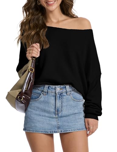 FAlABLE Womens Sweater Off Shoulder & Boat Neck Oversized Long Sleeve Pullover Cozy Knit Fall Winter Casual Tops Solid Black Small