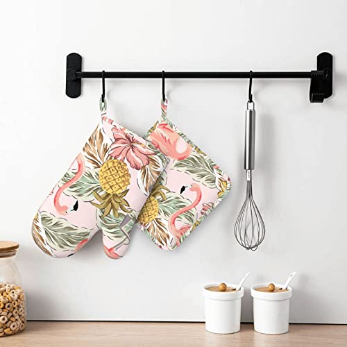 Watercolor Tropical Flamingo Oven Mitts And Pot Holders Sets, Heat Resistant Silicone Oven Mitts Gloves Sets With Non-Slip Hot Pads For Kitchen Baking Cooking Bbq #TOP5