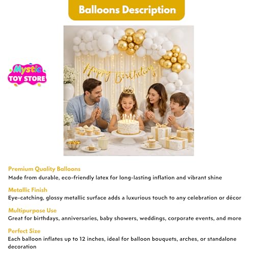 Image of Happy Birthday Decoration Kit for Baby Teenage Girls Men Women Adults Home Table Year With 30 Pc Gold White Balloons 1 Pc Golden Happy Birthday Cursive Banner Items Set Combo