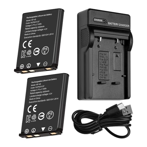 (2000mAh 2-Pack) Batterie pour NP-45 NP-45A NP-45B NP-45S et kit de Chargeur Compatible avec Fujifilm INSTAX Mini 90 Olympus Li-40B Li-42B Nikon EN-EL10 Fuji...