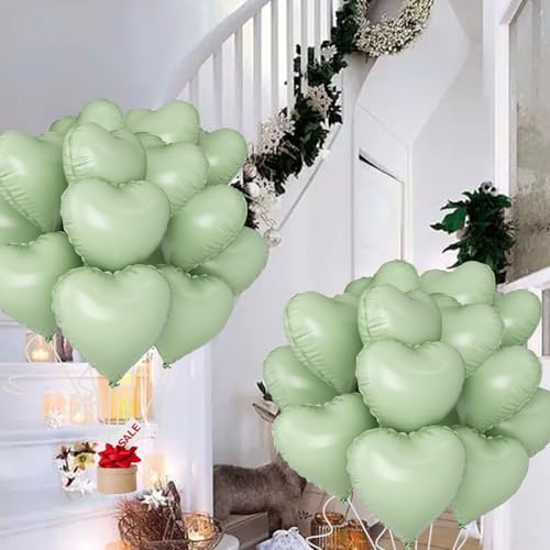 Image of Green Heart Ballloons,18 Inch Pastel Green Foil Love Heart Shaped Balloons 12Pcs Light Green love balloon for Anniversary Birthday Party Baby Shower Valentines Day Decorations