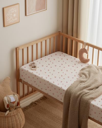 Image of Blissful Diary Muslin Mini Crib Sheets, 2 Pack, Pink Floral&Light Pink | fitted for pack n play, soft and breathable cotton, boho style, easy care for machine wash, gifts for boys and girls