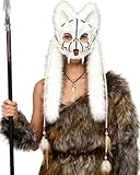 L'VOW Furry Wolf Mask Viking Fur Fox Mask Barbarian Werewolf Cosplay for Halloween Carnival Masquerade (White)
