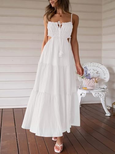 Fisoew Women's Spaghetti Strap Maxi Dress Summer Sleeveless Side Cut Out Dress Casual Boho Backless Flowy Long Dresses2