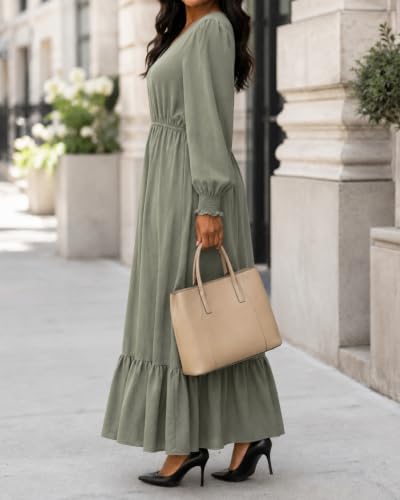 Women's Army Green Puff Long Sleeve Empire Waist Flowy Pockets Maxi Dress - image 6