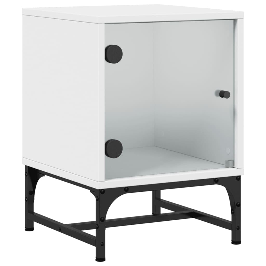 Table de chevet avec porte en verre blanc et rangement en bois scandinave 35x37x50 cm