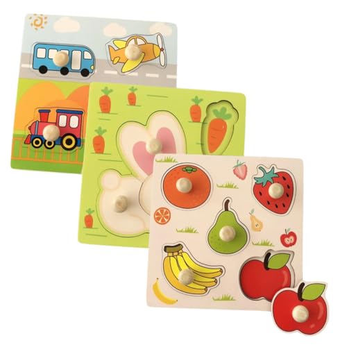 iplusmile 3セット 木製知育パズル 幼児向け形合わせ 色彩感覚促進 手指協調力トレーニング 用早期教育パズル 動物 果物 乗り物デザイン