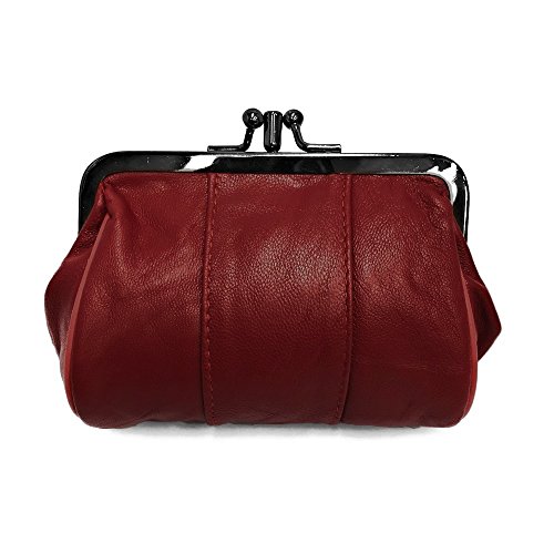 LOLUNA® Porte-Monnaie Femme Cuir Agneau Souple, Fermoir clic-clac modèle Retro, 2 Compartiments spacieux, Couleurs au Choix - Bordeaux