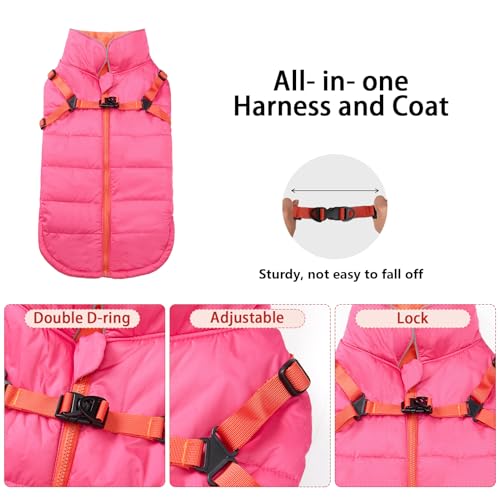 babepet Waterproof Dog Coat,Dog Coat with Harness,Small Dog Coat Jacket,Reflective Dog Clothes with Adjustable Chest Strap,Dog Fleece Lined Jumper for Pet Outdoor-Pink-XL - Image 3