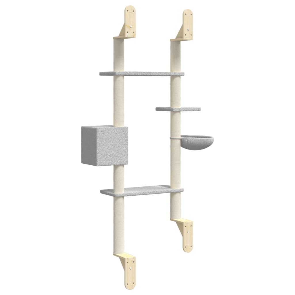 Rascador con columna rascadora, montaje en pared, color gris claro, 180 cm, para cuidado de las garras de sisal, superficies de descanso de felpa, muebles para gatos estables, ahorra espacio
