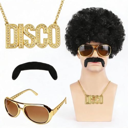 3 PCS Collar Disco Gafas de Sol Dorado, Disfraz de Collares Rapero Conjunto de Accesorios Hombre, Disfraz Hippie Hombre, Kit de Disfraces de Hip Hop Collar Disco de Los Años 80/90 Fiesta Carnaval