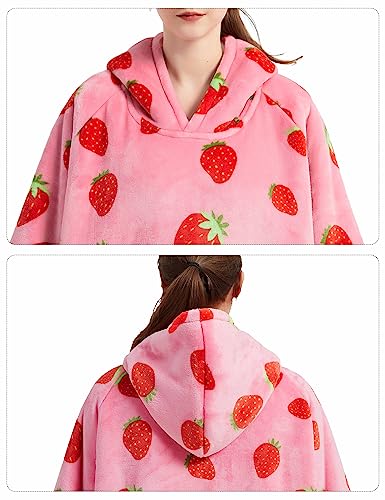 Image of KFUBUO Wearable Blanket Hoodie for Adults With Pocket Strawberry Extra Long | Sherpa, Fuzzy Blanket Hoodie, Oversized Sweatshirt Blanket, Kangaroo Pouch, Cute Birthday Gifts for Women, Cute Stuff