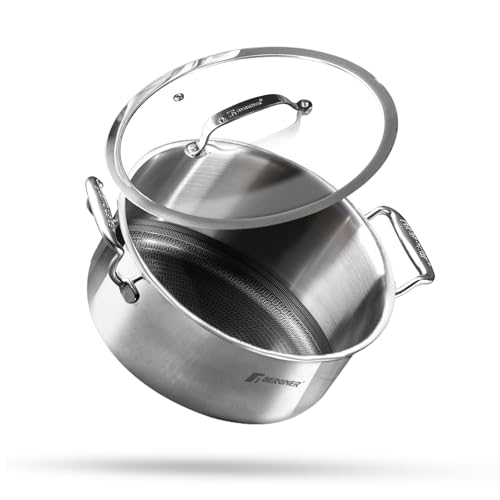 Image of Bergner Hi-Tech TriPly Stainless Steel 24cm (5.3 L) Casserole with Glass Lid, Honeycomb Non-Stick Coating Inside, Healthy Cooking, Less Oil Use, Durable Handle, Excellent Grip - Induction Bottom