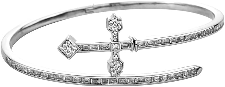 14K Gold Sword and Cross Design Bracelet, Mossanite Bangle, A Striking Symbol of Faith and Strength,Best Day Gift