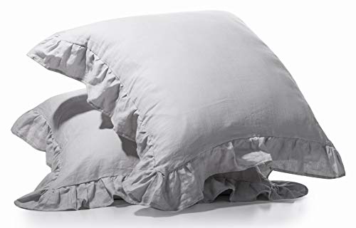 MEADOW PARK Stone Washed French Linen European Pillow Sham, Set of 2 Pieces, 26 inches x 26 inches Square Euro Sham, Super Soft, Ruffled Style, Silver Grey Color