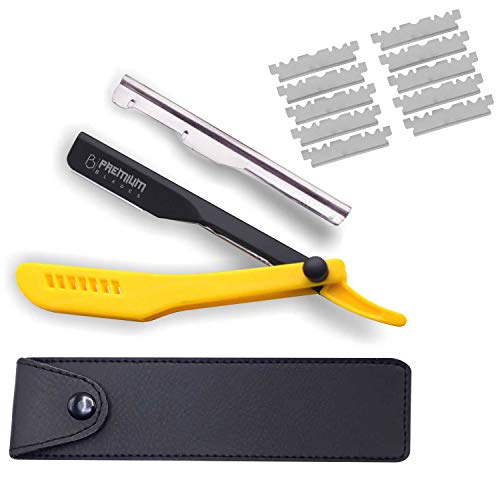 Professional Slide Out Replaceable Blade Straight edge Razor, Yellow Plastic Handle Barber Razor, Straight Razor, Razor for men with Razor Blades by ''Premium Blades''