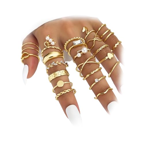 IFKM 51 Pcs Gold Knuckle Rings Set For Women Girls Vintage Stackable Joint Finger Midi Rings Dainty Cubic Zirconia Crystal Simple Twist Hollow Cute Rings Pack Jewelry Gift
