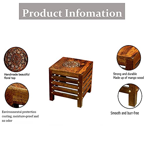 Image of Furniture Cafe Wooden Stool for Living Room, Sitting Chair for Home, Handcrafted Antique Finish | Handmade Table for Outdoor /Indoor Decor |Home Furniture (Square Caving Floral Top Stool, 29X29X30 Cm)