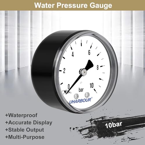 UHARBOUR Manometer Wasser 0-10 Bar,1/4 Zoll,Druckluft Halterung auf der Rückseite, Druckluft Manometer 1/4 BSP-Messinganschluss