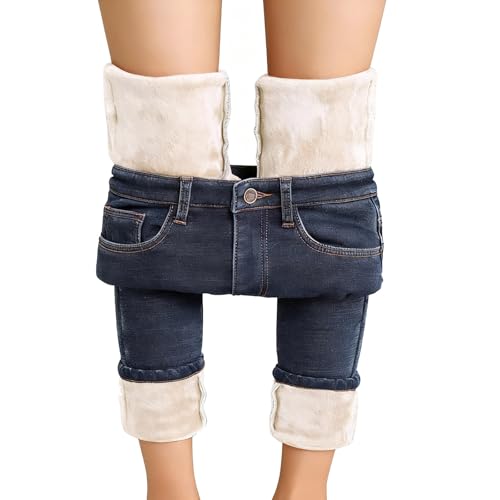 Jean Doublé Polaire pour Femme - Pantalon Denim Skinny Taille Haute Hiver - Léggings Jean Élastique et Chaud avec Effet Push-Up