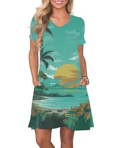 Image of COSSEN Women's Casual T Shirt Dress V-Neck Short Sleeves Swing Dresses Birthday Party Summer Travel Beach with Pocket