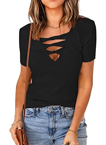Womens Summer Deep V Neck Tops Sexy Casual Short Sleeve Low Cut Out T Shirts Blouse3