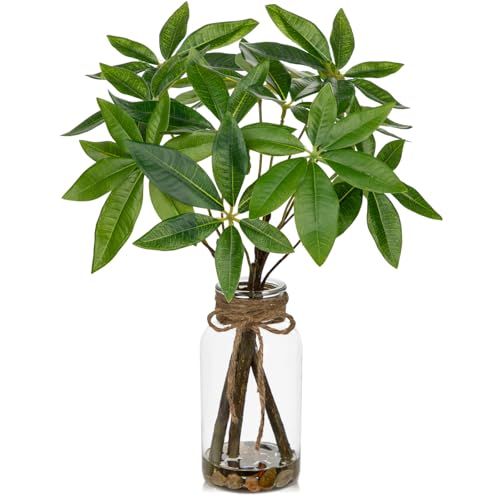 Faux Greenery Stems in Vase Aritificial Money Tree Plant in Glass Vase with Faux Water & Stones...