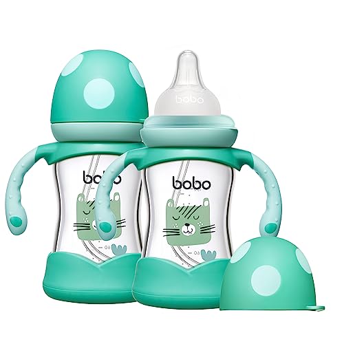 Image of YOHKOH Natural Glass Baby Bottle with Natural Response Nipple, Wide Neck Baby Bottles with Handle, Newborn Anti-Colic Baby Bottles Gift Set, Clear (5.4oz (Pack of 2), Blue)
