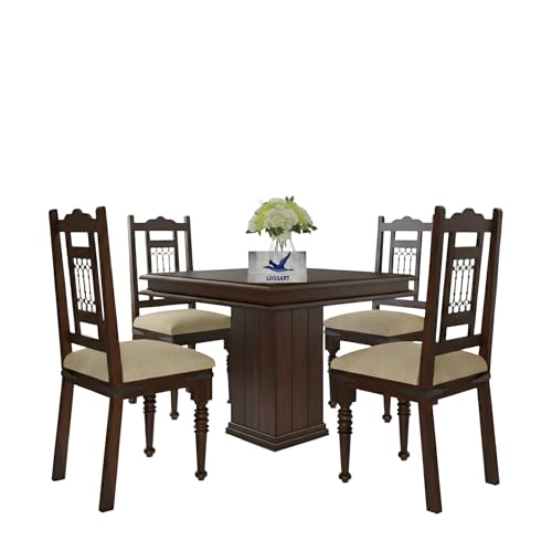 Image of Loonart Solid Sheesham Wood 4-Seater Dining Table Set with Pillar Base |Handcrafted Wooden Dining Furniture with Walnut Finish |Compact Dining Set for Home| Kitchen Or Apartment Use|