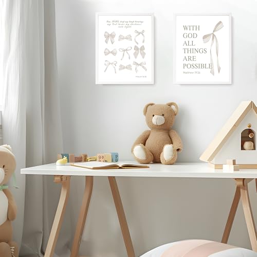 Image of LARTSFRO Coquette Beige Bow Christian Wall Art Decor Posters, Beige Bow Christian Room Bedroom Bathroom Dorm Wall Art Decor Aesthetic for Women College Teen Girls Gifts, Inspirational Bible Verses Bow Wall Decor, 10x8 Inch Set of 4 Pcs Bow Pictures (UNFRAMED)