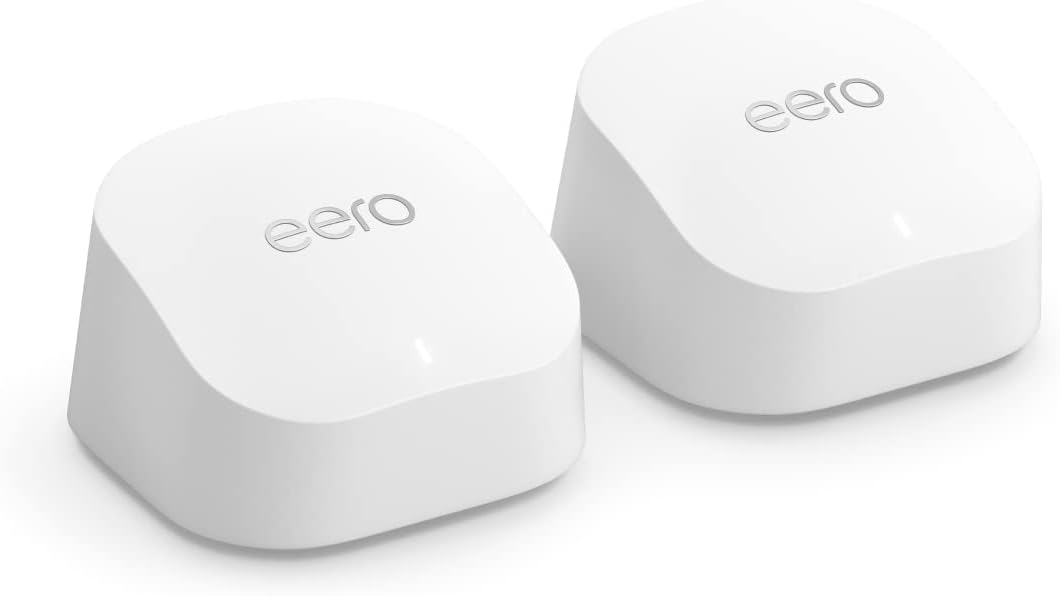 Like-New Amazon Amazon eero 6+ mesh wifi system - Supports internet plans up to a Gigabit, Coverage up to 3,000 sq. ft., Connect 75+ devices, 2-pack