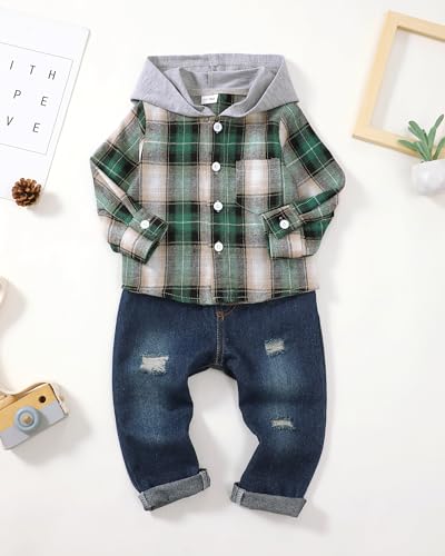 Image of Renotemy Toddler Baby Boy Clothes Denim Outfits Infant Hooded Sweatshirt Jeans Pants Little Boys Clothing