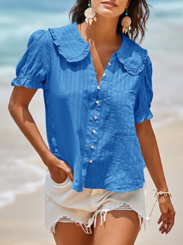 Image of Tankaneo Womens Puff Sleeve Shirts Peter Pan Collar Button Down Cotton Blouse Casual Summer Textured Tops