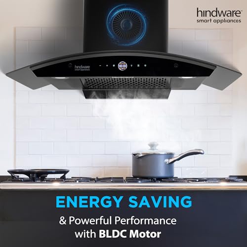 Image of Hindware Smart Appliances | Nadia BLDC 90 IN Kitchen Chimney | 1600 CMH |Curved Glass | Filterless | Auto Clean | Touch Control, Motion Sensor | 12 Yrs Warranty on Motor & 3 Yrs on Product (Black)