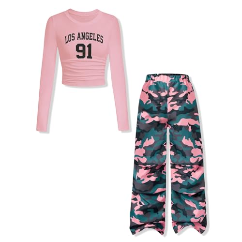 Image of Yoxindax Girls Clothes Tween Girl Outfits Long Sleeve Ruched Top Botanical Print Relaxed Pocket Pants Set