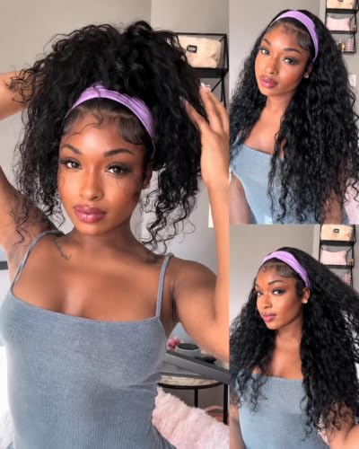 Nadula 2-In-1 Switch™ Water Wave Human Hair Headband Wig, Natural Black Glueless Half Wig with Detachable Band, Flexi-Fit Drawstring, Breathable Wear & Go Wig, Beginner Friendly, No Lace, 18 Inch