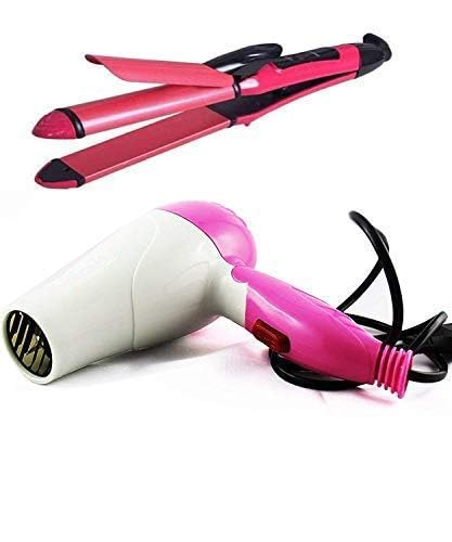 APNA STORE Daling (Combo of 3 Hair Care Items) Hair Dryer + Hair straightener + Hair Curler, Professional Prefect Hair Styling Set (2 in 1 as Curler+ Straightener & Dryer) Offer In One Combo Set, Pink