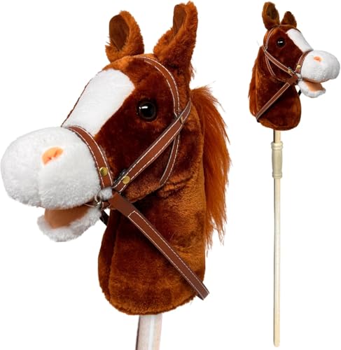Image of Playful Minds Horse Riding Stick | Handcrafted Plush Hobby Horse Sticks | Handsewn Head, Sturdy Wood Stick | Plus Neighing & Clip-Clop Sounds for Kids Toddlers Preschoolers | Chestnut Red Style