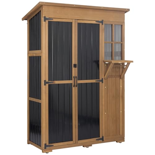 Image of Large Outdoor Storage Cabinet Waterproof with Shelves, Outside Storage Shed Tall Backyard Cabinet with Fold-Out Table for Patio, Garage, Garden, Pool Accessories Storage, Black, 70.5 inch H x 51 inch L