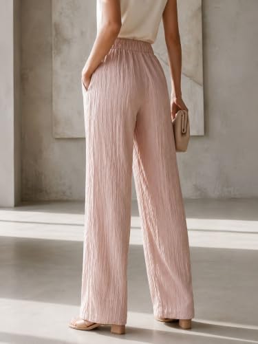 Image of Women's High Waist Wide Leg Trousers | Textured Crinkle Palazzo Pants | Elastic Waist Casual Formal Office Wear Trousers | Comfortable Lightweight Bottom Wear for Women